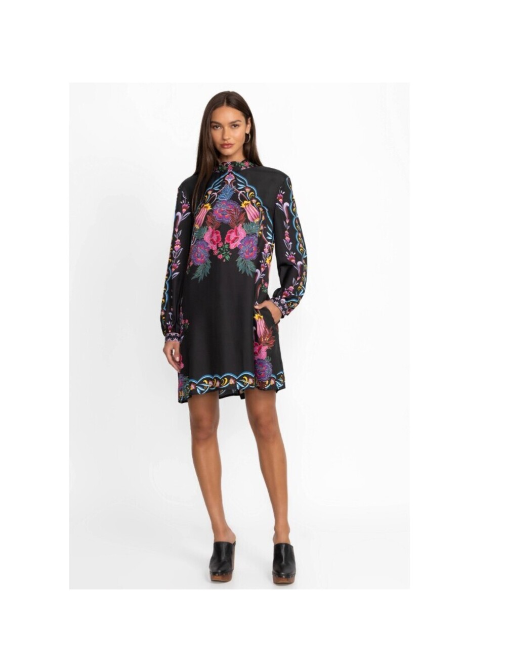 Jade by Johnny Was black floral long sleeve dress KALOVA MINI DRESS Size Small
